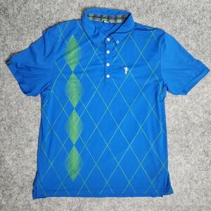 William Murray Golf Polo Shirt Men XL Blue Green Argyle Diamond Print Plaid Trim